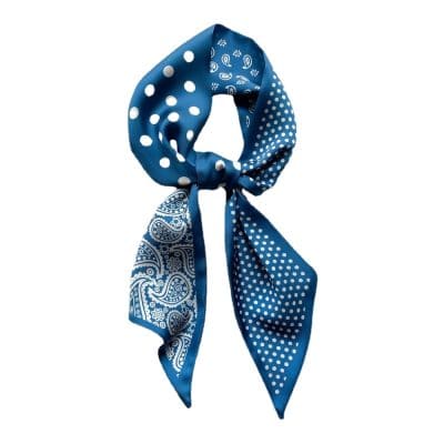 Elegant blue silk scarf featuring polka dots and paisley patterns, perfect for fashion-forward accessories. Ideal for adding a chic touch to any outfit.