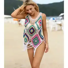 Vibrant crochet beach cover-up for women, ideal for summer beaches, pool parties, and vacation wear. Handmade with colorful yarns, offering a fashionable and lightweight addition to your swimwear wardrobe.