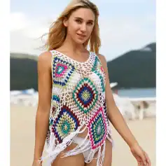 A vibrant, multicolored crochet sleeveless beach coverup perfect for summer vacations and seaside outings. Designed for style and comfort, ideal for women seeking stylish swimwear accessories.