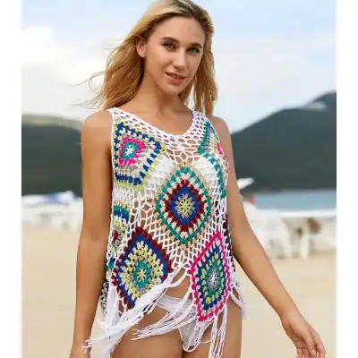 A vibrant, multicolored crochet sleeveless beach coverup perfect for summer vacations and seaside outings. Designed for style and comfort, ideal for women seeking stylish swimwear accessories.