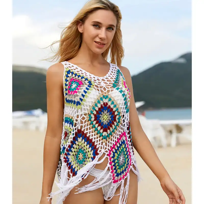 A vibrant, multicolored crochet sleeveless beach coverup perfect for summer vacations and seaside outings. Designed for style and comfort, ideal for women seeking stylish swimwear accessories.