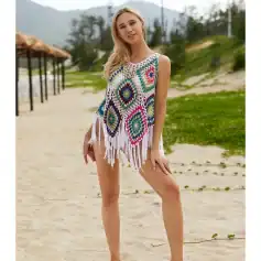 Bright, multicolored crochet beach cover-up perfect for summer and beach outings. Stylish, lightweight, and comfortable for a fashionable beach look.