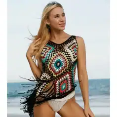 A woman wearing a colorful crochet beach cover-up at the seaside, showcasing stylish swimwear and fashionable beach fashion accessories.