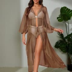 Comfortable and stylish sheer tan cover-up for spa, beach, or poolside wear. Perfect for a glamorous, relaxed look in warm weather, featuring lightweight, breathable fabric.