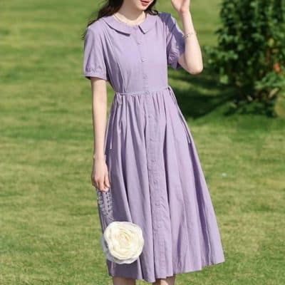 Women’s purple midi dress with button-front, puff sleeves, and gathered waist perfect for casual outings, summer wear, and outdoor activities.