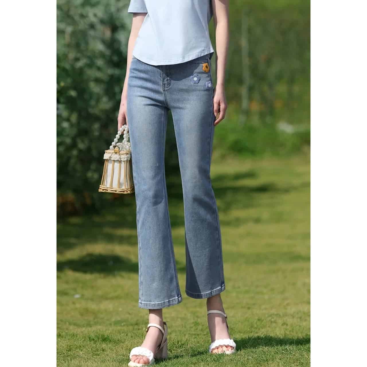Delight in stylish women's jeans featuring floral embroidery, offering a perfect blend of comfort and fashion, suitable for casual or semi-formal occasions.