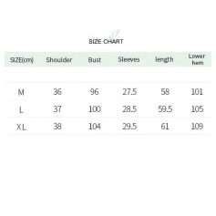 Comfortable women's clothing size chart with measurements for shoulder, bust, sleeves, length, and lower hem in centimeters. Perfect fit for all body types from M to XL.