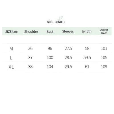 Comfortable women's clothing size chart with measurements for shoulder, bust, sleeves, length, and lower hem in centimeters. Perfect fit for all body types from M to XL.