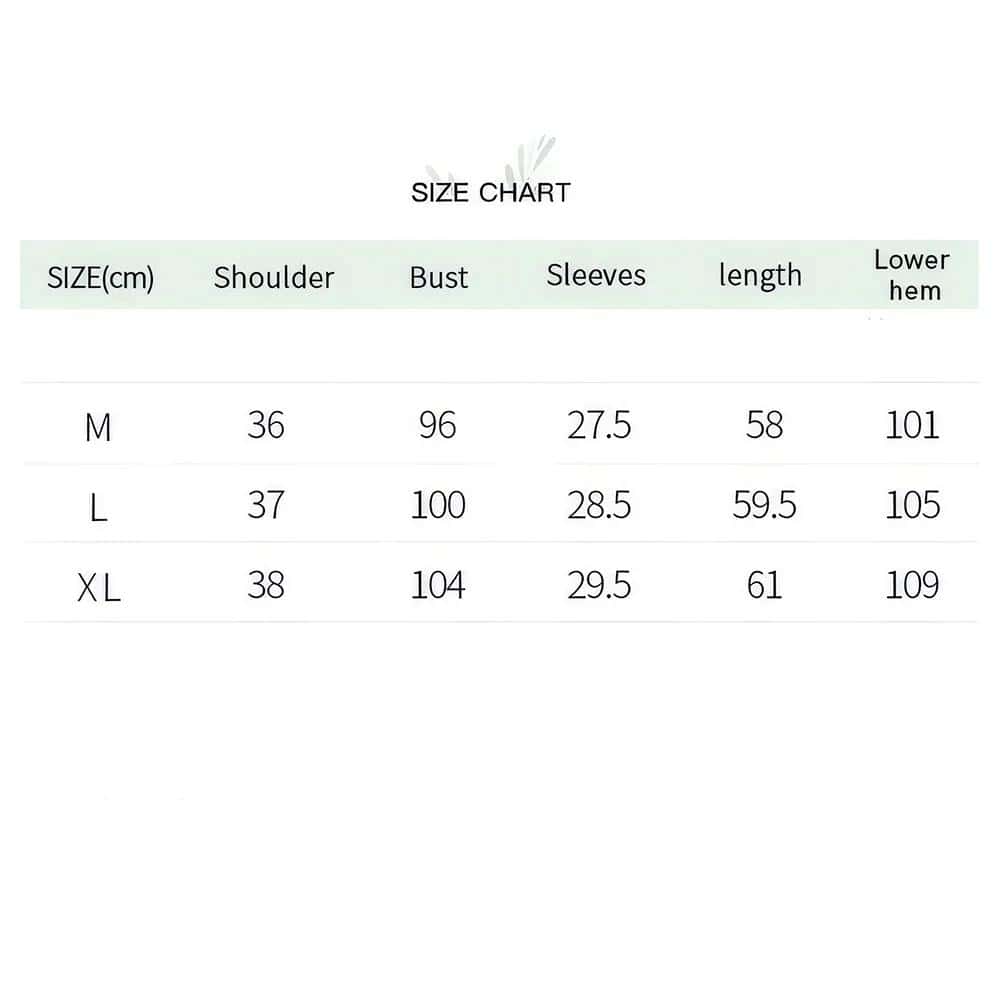 Comfortable women's clothing size chart with measurements for shoulder, bust, sleeves, length, and lower hem in centimeters. Perfect fit for all body types from M to XL.