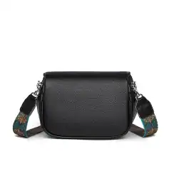 Elegant black leather crossbody bag with colorful, patterned strap, perfect for accessories or daily use, combining style and functionality for women.