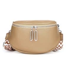 Stylish beige crossbody bag with silver zipper and patterned strap, perfect for fashion-conscious women seeking functional accessories.