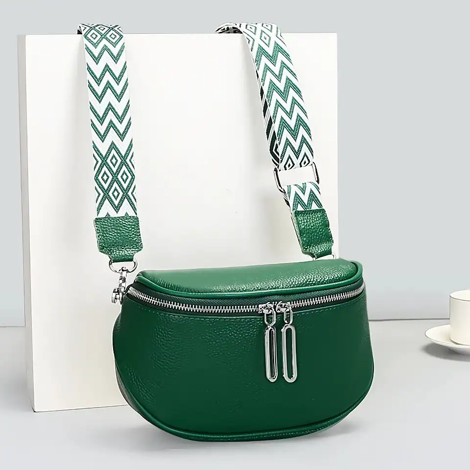 Stylish green leather purse with adjustable woven strap for women. Perfect for travel and daily essentials, available at Monalisa Store.