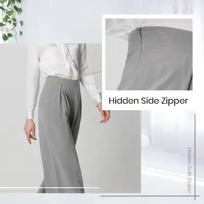 High-quality gray women's trousers featuring a concealed side zipper for a sleek look and comfortable wear. Perfect for professional or casual settings, combining style and practicality.