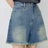 Comfortable high-waisted denim shorts with frayed hem, perfect for casual fashion and summer wear. Ideal for relaxed outings and stylish everyday look.