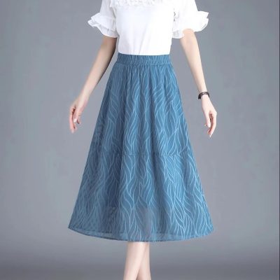Stylish blue maxi skirt with a sheer, wavy pattern, perfect for casual and office wear. Made from lightweight, comfortable fabric, suitable for all seasons.