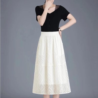 Women’s white maxi skirt with flowy, textured fabric and an elastic waistband, perfect for casual and semi-formal occasions, offering comfort and style.