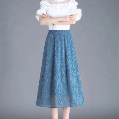 Stylish blue maxi skirt with a sheer, leaf-patterned design perfect for summer and casual wear. Comfortable elastic waistband and flowy style for a chic look.