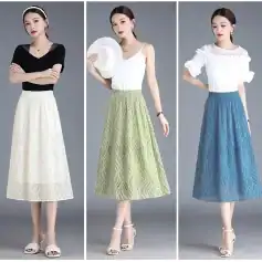 Stylish women's skirts perfect for summer and casual wear. Made with high-quality fabric, available in various colors including cream, green, and blue at Monalisa Store.