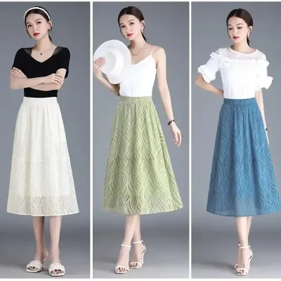 Stylish women's skirts perfect for summer and casual wear. Made with high-quality fabric, available in various colors including cream, green, and blue at Monalisa Store.