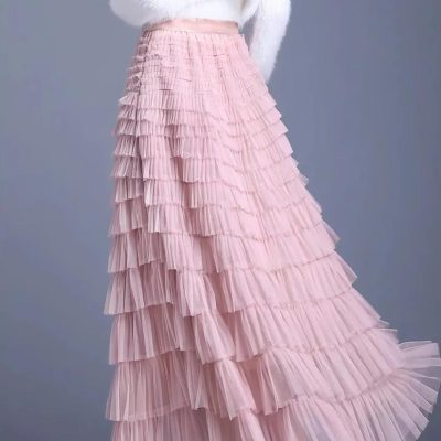 Pink layered ruffle skirt, stylish and feminine fashion for women, perfect for formal or casual wear, available at Monalisa Medical Store.
