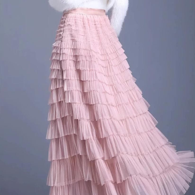 Pink layered ruffle skirt, stylish and feminine fashion for women, perfect for formal or casual wear, available at Monalisa Medical Store.