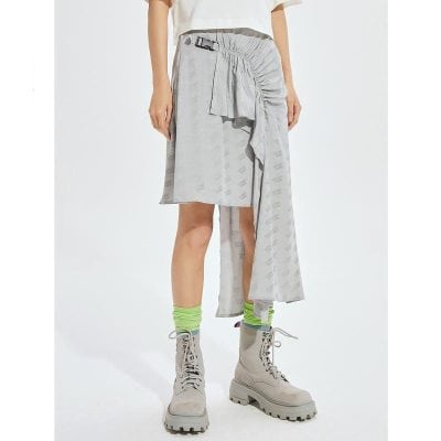 Stylish contemporary skirt featuring ruffle design and adjustable waist belt, perfect for modern looks.