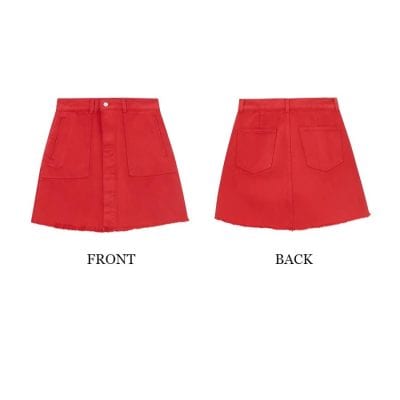 High-quality red skirt with front button closure and back pocket design, perfect for stylish looks. Crafted for comfort and fashion, ideal for various occasions.