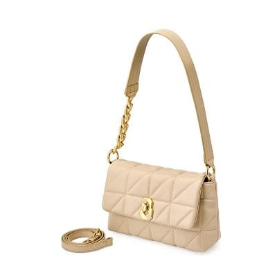 Elegant beige quilted handbag with gold chain and clasp, perfect for fashion-forward accessories and stylish eye care products at Monalisa Store.