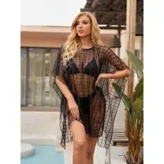 Elegant black mesh beach cover-up perfect for swimwear, resort outfits, and summer lounging. Lightweight, breathable, and stylish to elevate your beach or poolside look.