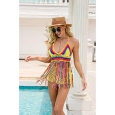 Stylish crochet beach dress with vibrant rainbow colors, perfect for summer, pool parties, and vacations. Made from lightweight, breathable material for a comfortable fit.