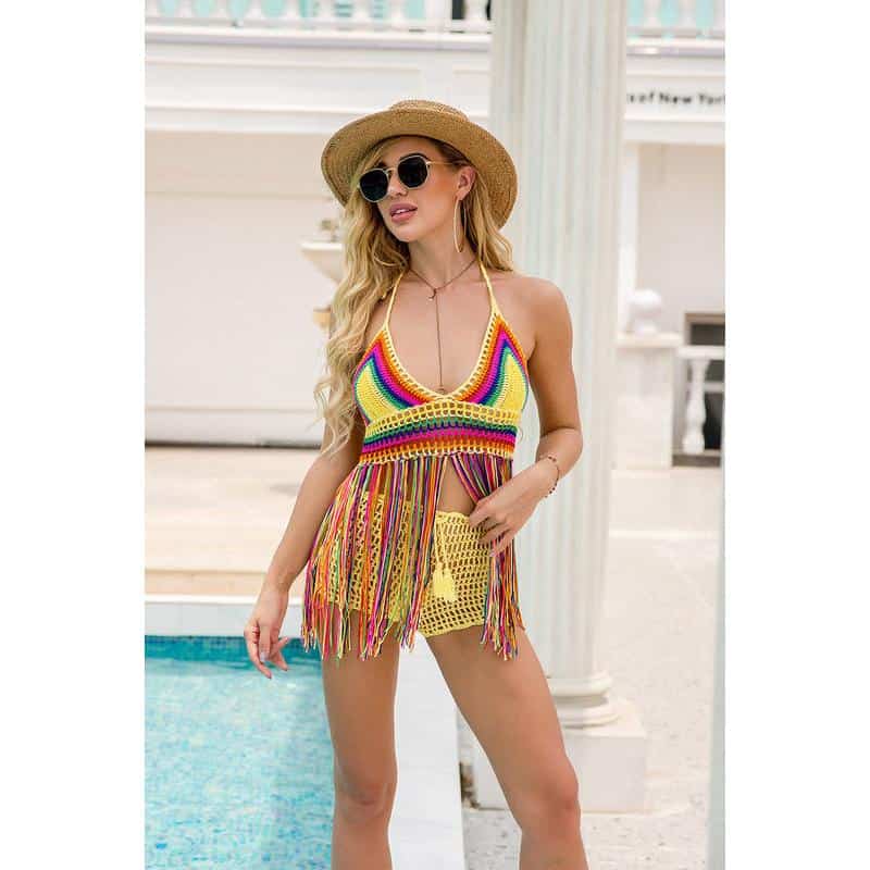 Vibrant women's crochet beach cover-up in rainbow colors, perfect for summer poolside or beach days, from Monalisa Store.