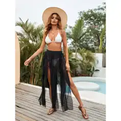 High-quality, fashionable cover-up with sheer black fabric perfect for beach or poolside fashion. Coordinates with bikinis and swimsuits for an elegant summer look.
