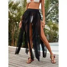 Stylish black sheer beach skirt for women with side slit, perfect for swimwear cover-up or beach day outfits. Lightweight, fashionable, ideal for tropical vacations and poolside lounging.
