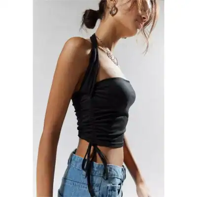 High-quality black sleeveless tie-front top with ruched details, perfect for stylish women. Comfortable and trendy, ideal for casual or party wear.