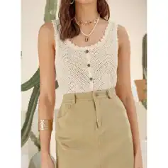 Elegant beige crochet tank top for women, perfect for casual or summer wear, featuring a sleeveless design, button accents, and a stylish pattern. Ideal for pairing with skirts or trousers.
