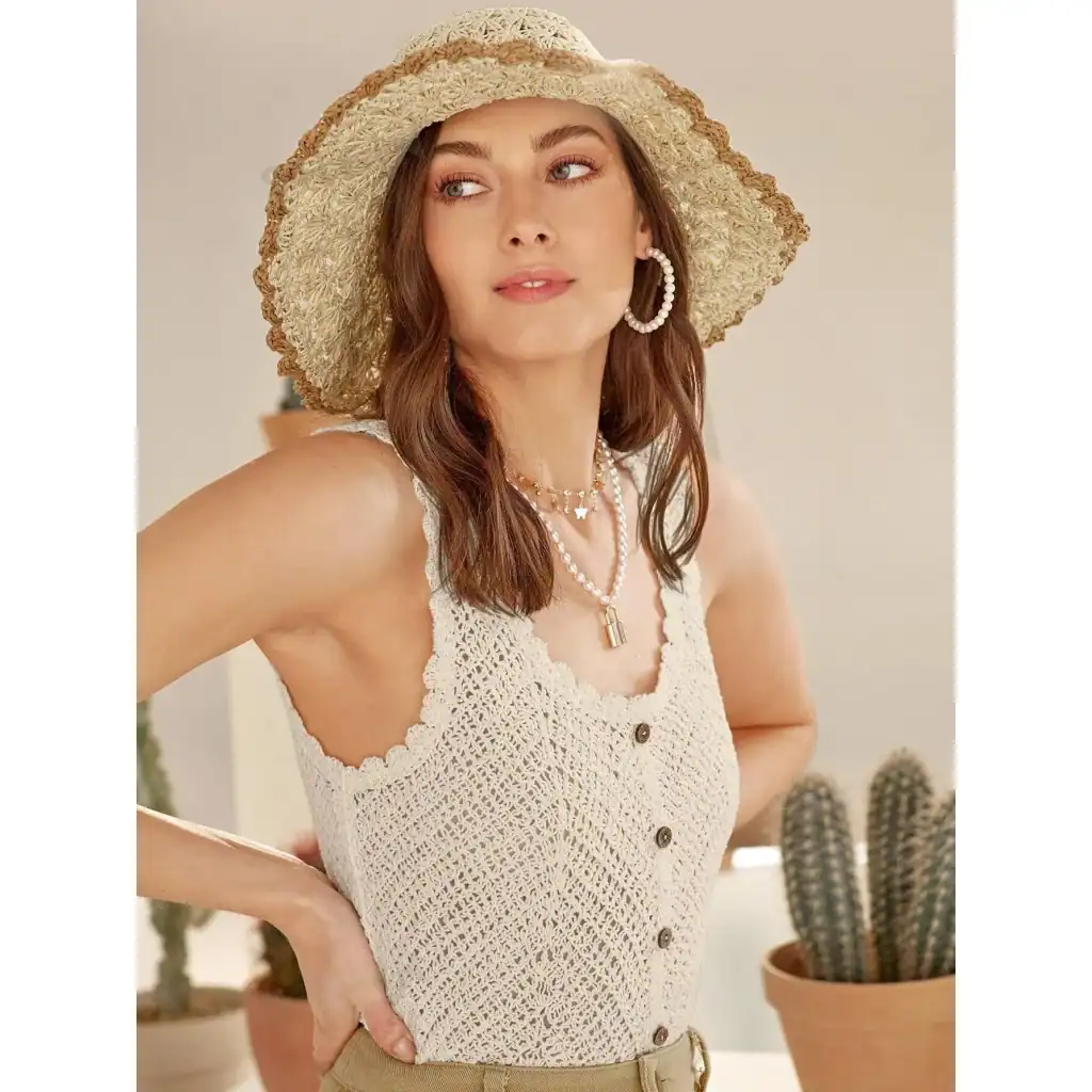 Elegant women’s summer attire at Monalisa Store featuring stylish crochet tops, trendy accessories, and sun hats. Perfect for a fashionable summer look and outdoor outings.