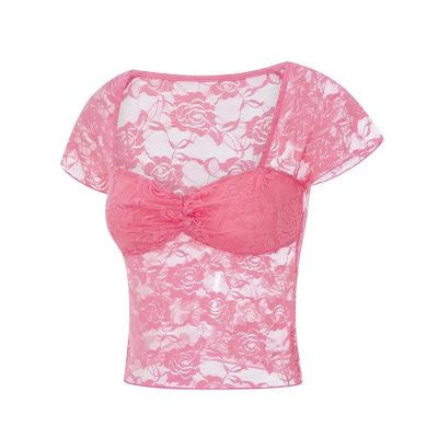 Pink lace women's top with floral pattern, short sleeves, and transparent design, perfect for stylish and elegant everyday wear or special occasions.