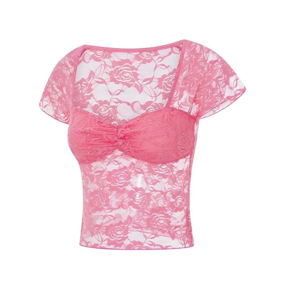 Pink lace women's top with floral pattern, short sleeves, and transparent design, perfect for stylish and elegant everyday wear or special occasions.