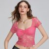 Pink lace women's fashion top with sheer floral design, short sleeves, and scoop neckline – perfect for trendy, elegant outfits and casual wear at Monalisa Store.