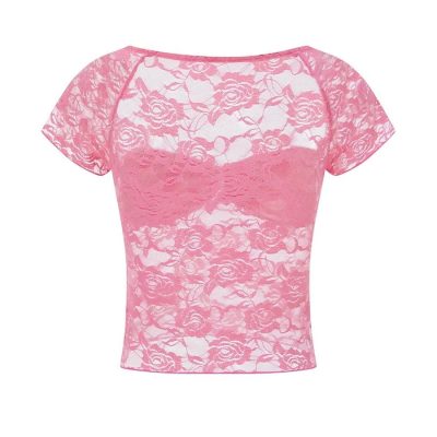 Pink floral lace women's top, stylish and elegant. Perfect for casual or special occasions, made from high-quality lace fabric, comfortable fit, trendy design.