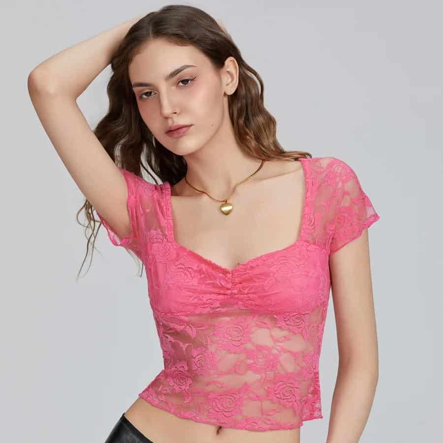 Elegant pink lace crop top for women, stylish and breathable with floral design detail. Perfect for casual or party wear, available at Monalisa Store for trendy women's fashion.