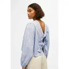 Elegant women's blouse featuring blue and white stripes, stylish bow ties at the back, perfect for a sophisticated look.