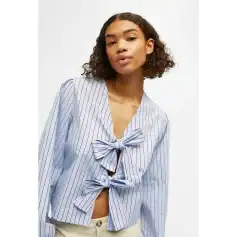 Elegant women's striped top featuring a chic bow tie at the front, perfect for casual or office wear. Made from comfortable, high-quality fabric, designed to enhance your fashion statement.