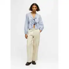 Stylish women's blue and white striped blouse with bow details, perfect for casual or office wear. Comfortable and trendy, ideal for all-day wear.