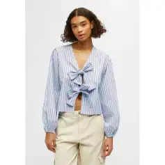 Stylish women's striped blouse with bow detail, perfect for casual or dressy occasions.