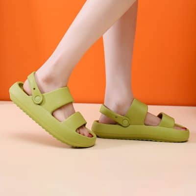 Bright green comfortable sandals with adjustable straps, perfect for casual wear and summer outings. Lightweight and stylish footwear from Monalisa Medical Store.