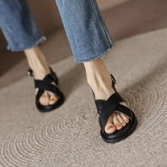 High-quality women's black sandals with adjustable straps, suitable for casual or semi-formal outfits, enhancing your overall look.
