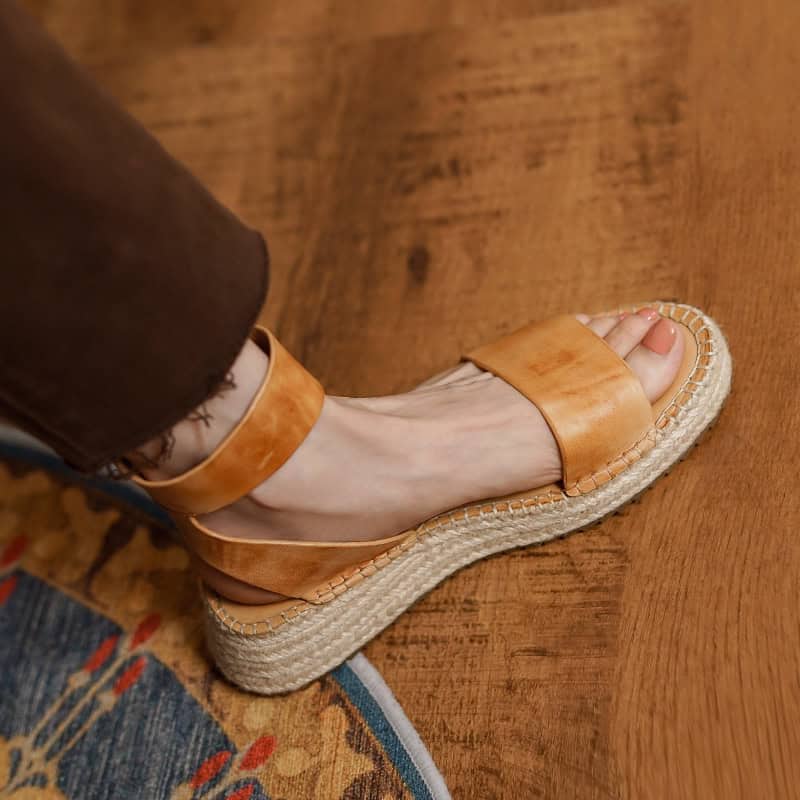 Stylish Leather Espadrille Sandals for Women. - Monalisa Store Comfortable women’s leather espadrille sandals with platform soles, perfect for summer casual wear and fashionable outings.