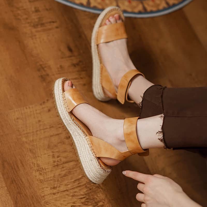 Stylish Leather Espadrille Sandals. - Monalisa Store Comfortable tan leather wedge sandals perfect for casual and summer outfits. Features a breathable design with a sturdy espadrille sole, ideal for everyday wear and outdoor activities.