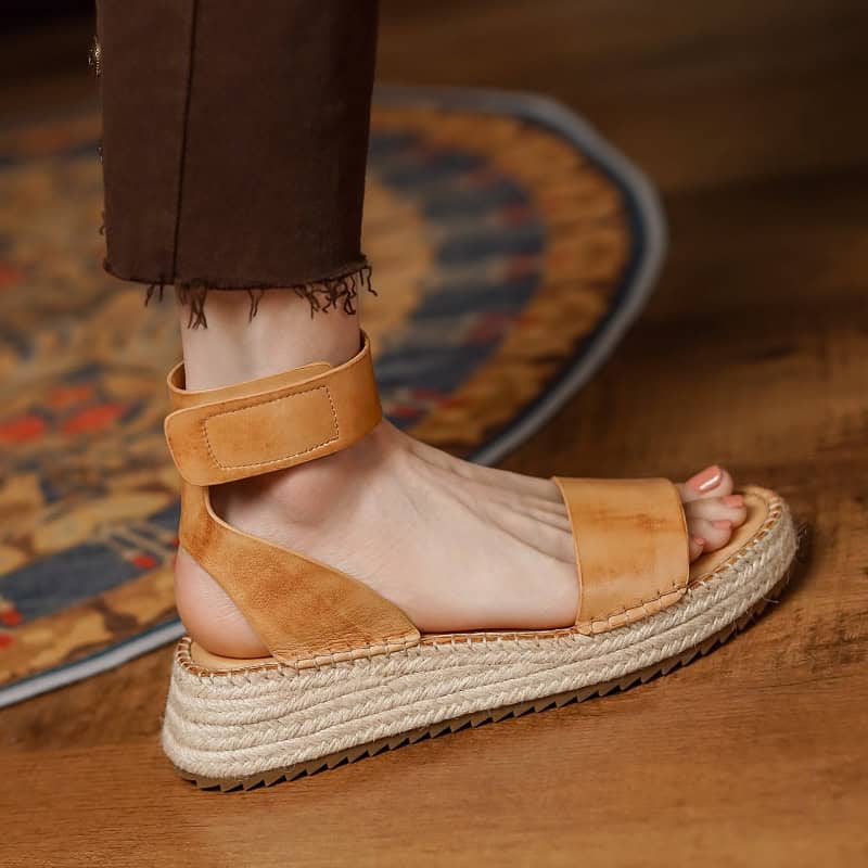 StylishWedges. - Monalisa Store Comfortable tan espadrille sandals for women, featuring ankle straps and woven jute soles, perfect for casual and summer wear. Shop fashionable footwear at Monalisa Store.